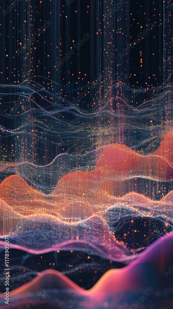 Poster explore a vibrant and abstract representation of big data with colorful streams and particles, showc