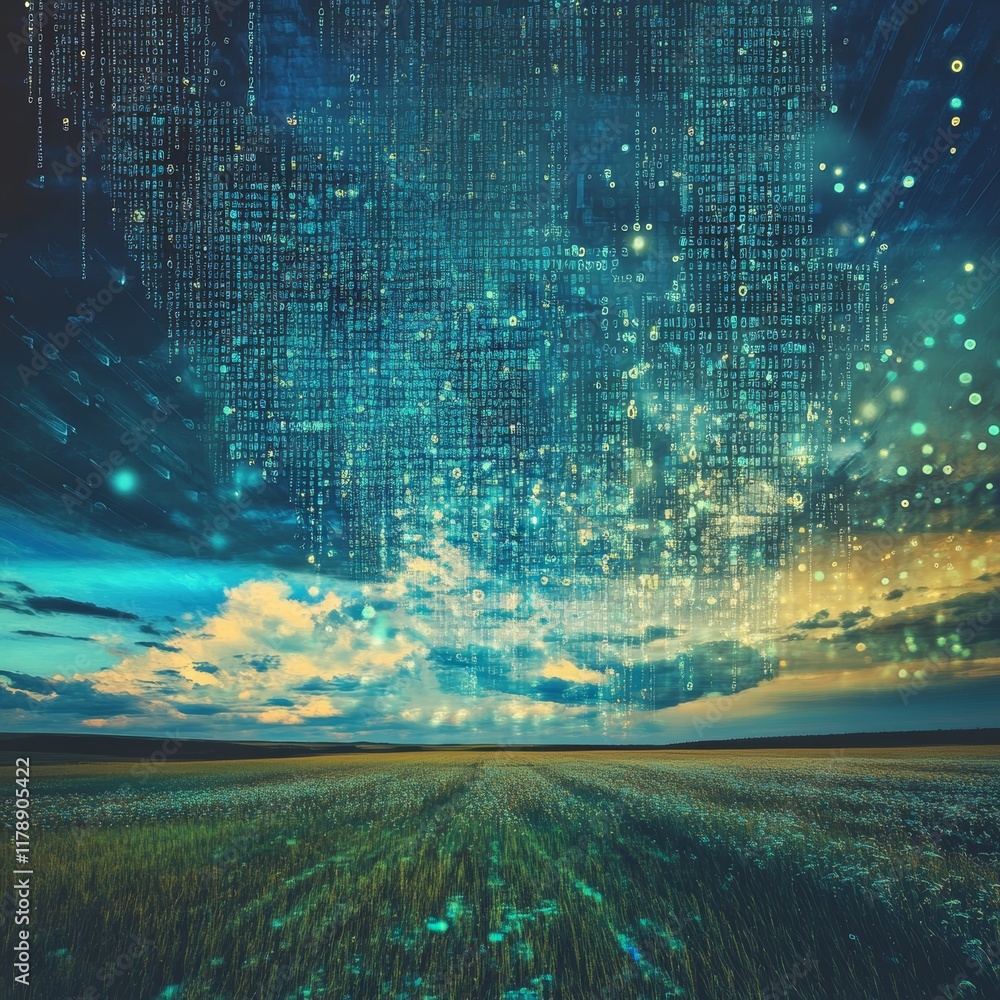 Poster experience a visual journey through a surreal landscape where binary code transforms into abstract p