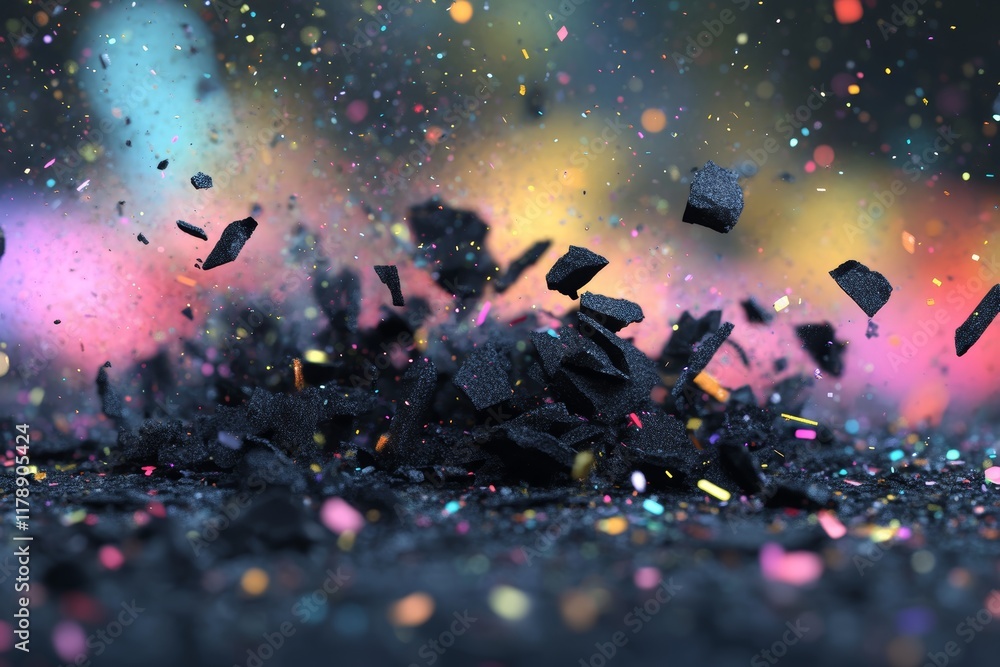 Poster dynamic image of colorful confetti and black particles exploding in motion, set against a vibrant, b
