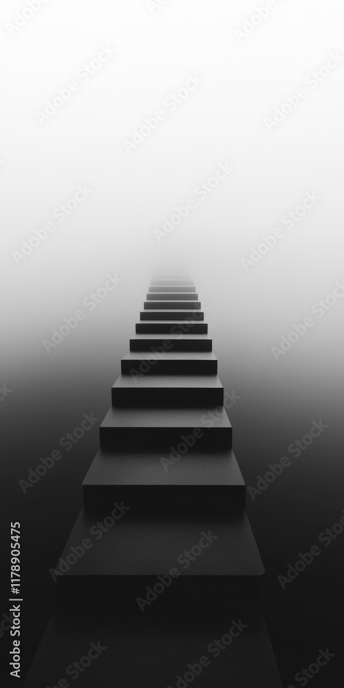 Aufkleber a minimalist staircase disappearing into dense fog, creating a mysterious and surreal atmosphere in 
