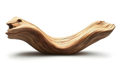Polished, curved driftwood sculpture isolated on white.