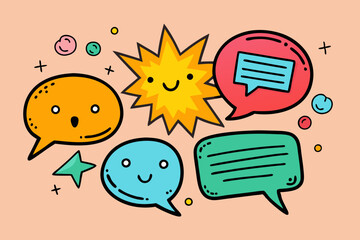 Playful set of comic speech bubbles with bold and colorful designs.  
