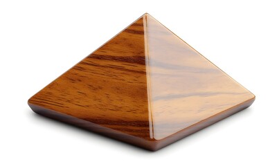 Polished wooden pyramid isolated on white.