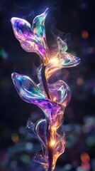 Colorful, glowing flower with a long stem. The flower is surrounded by a blurry background, giving it a dreamy
