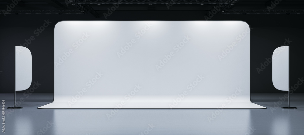 Poster empty exhibition booth with white backdrop and two curved panels in a dark interior hall. 3d renderi