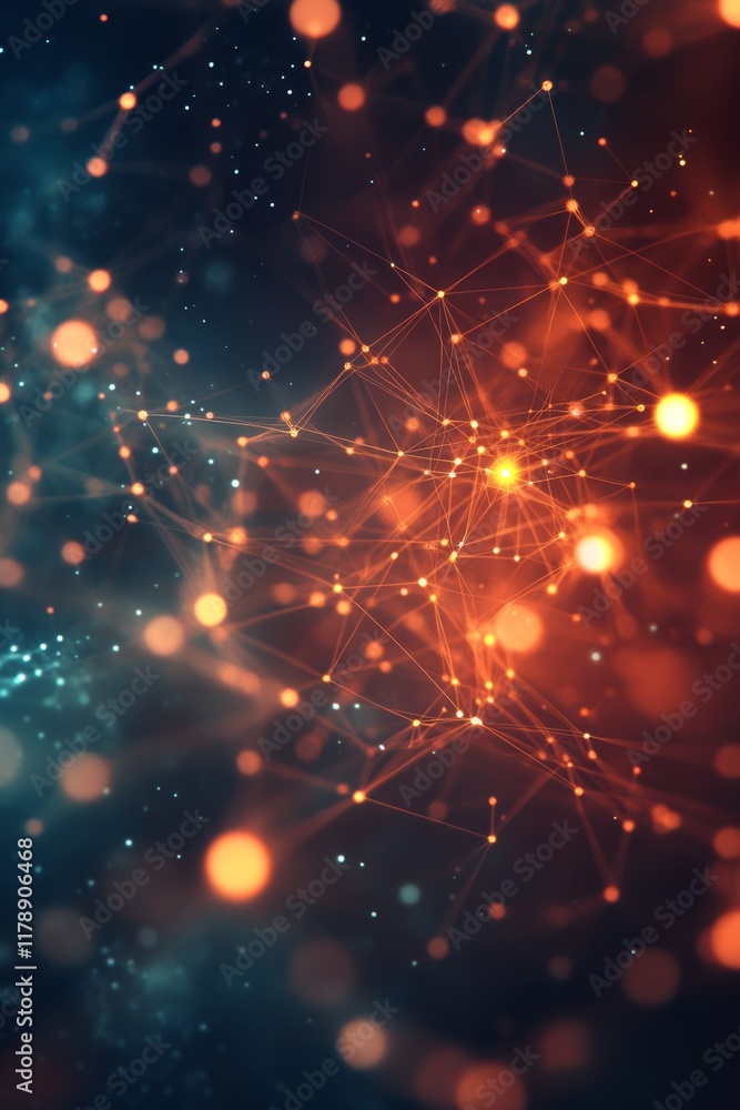 Poster explore an abstract representation of a connected digital network, featuring glowing nodes and flowi
