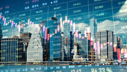 Double exposure of city skyscrapers with financial graphs, showcasing real estate market trends and economic analysis concept.