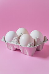 Six Eggs in Carton on Pink Background