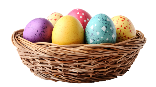 Wicker basket with colorful easter eggs on transparent background. cut out