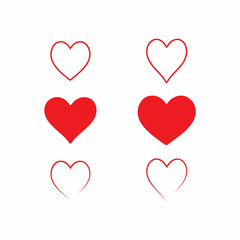 A graphic design of several heart icons in both solid red and outlined white.