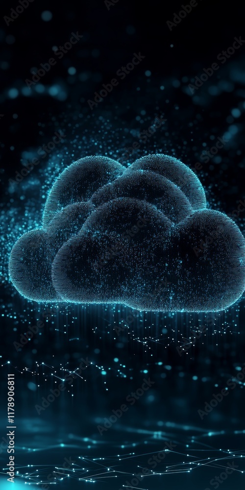 Poster explore a digital cloud silhouette immersed in a dark background filled with floating data points, i
