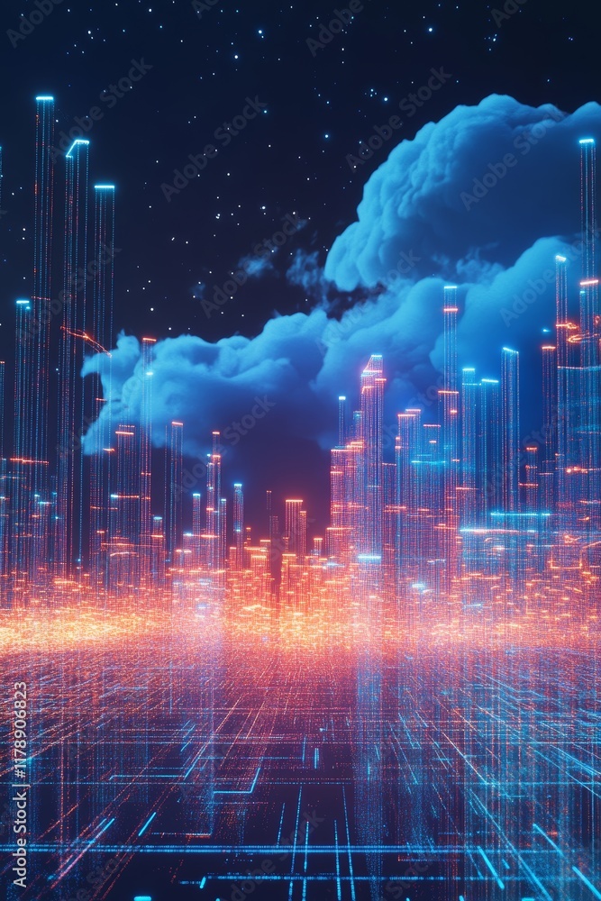 Poster explore a vibrant digital landscape showcasing a network of lights and clouds, representing futurist