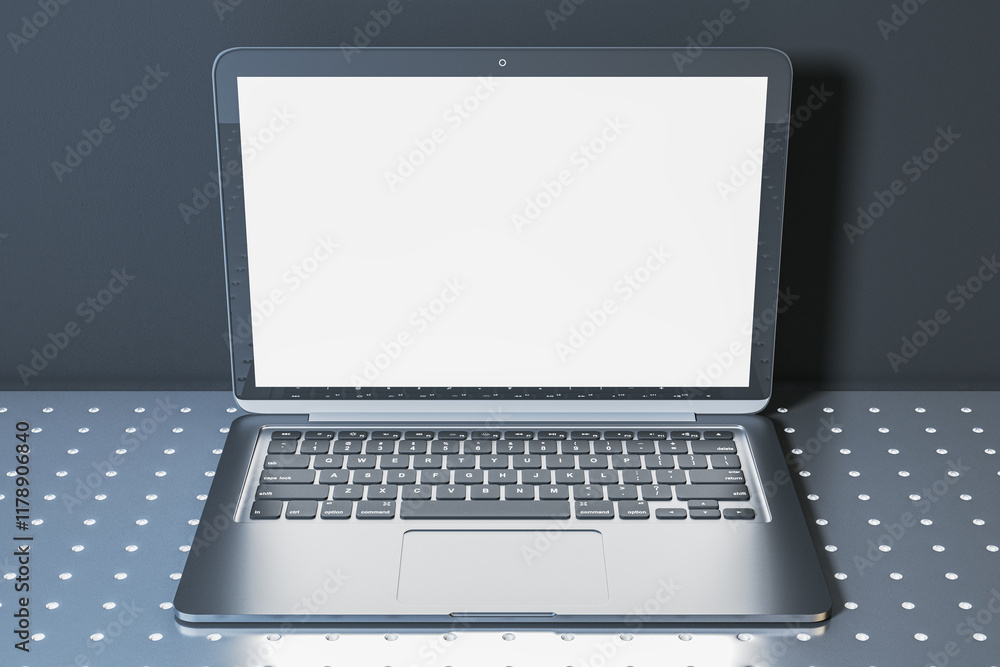 Poster open laptop with blank screen on metallic dotted surface, modern design. 3d rendering
