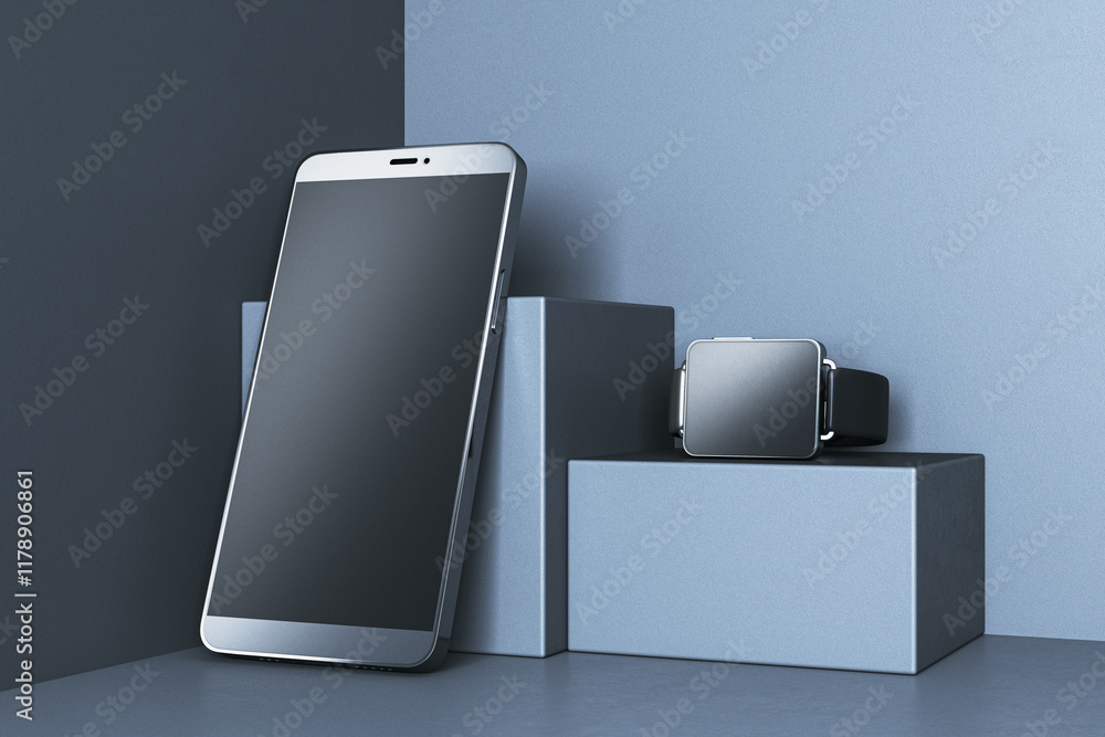 Poster modern smartphone and smartwatch displayed on geometric stands, clean design on a muted blue backgro