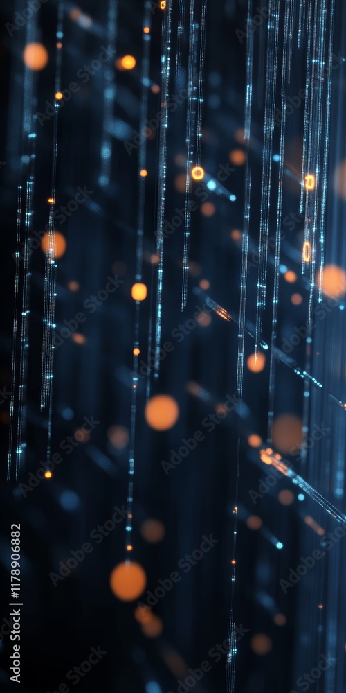 Poster abstract digital data flow with silhouetted lines on a dark background featuring bright orange eleme