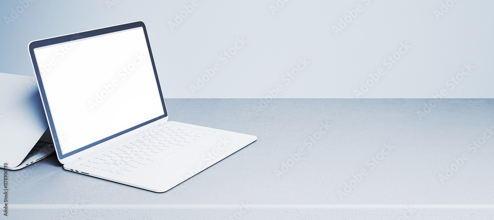 Poster minimalist white laptop with blank screen on a concrete surface, clean background for technology or 