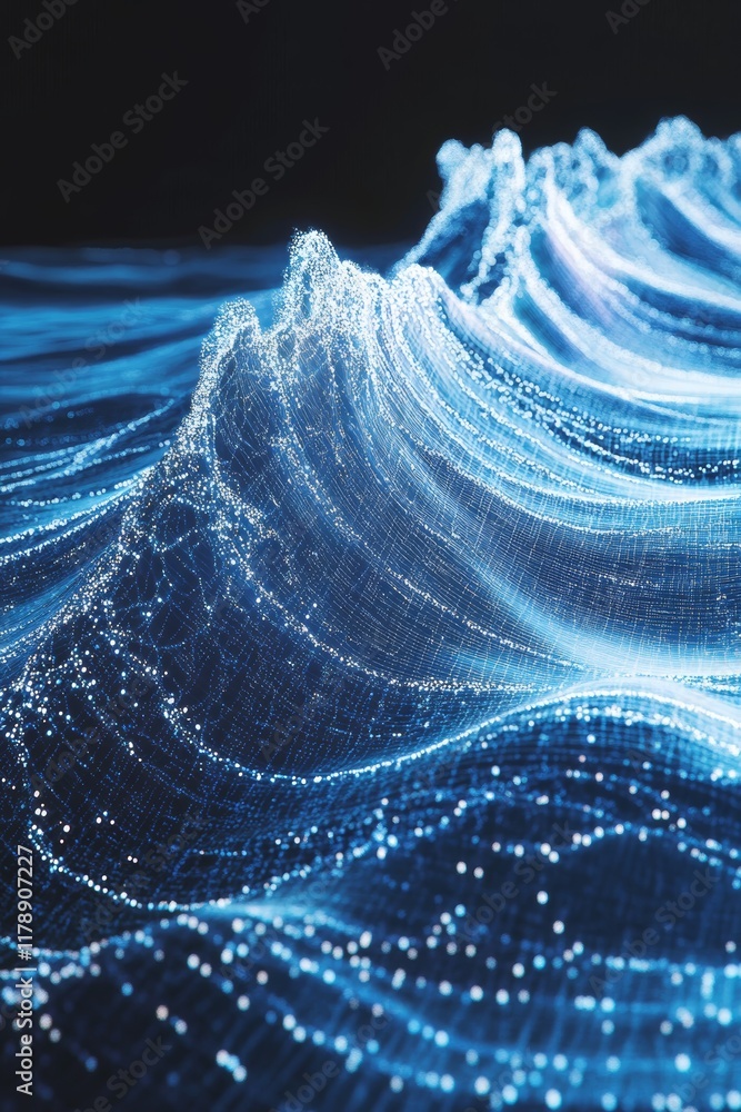 Poster abstract digital wave pattern with glowing blue light on dark background for creative projects