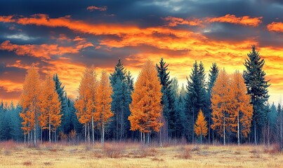 Obraz premium Autumn forest sunrise landscape with vibrant colors.