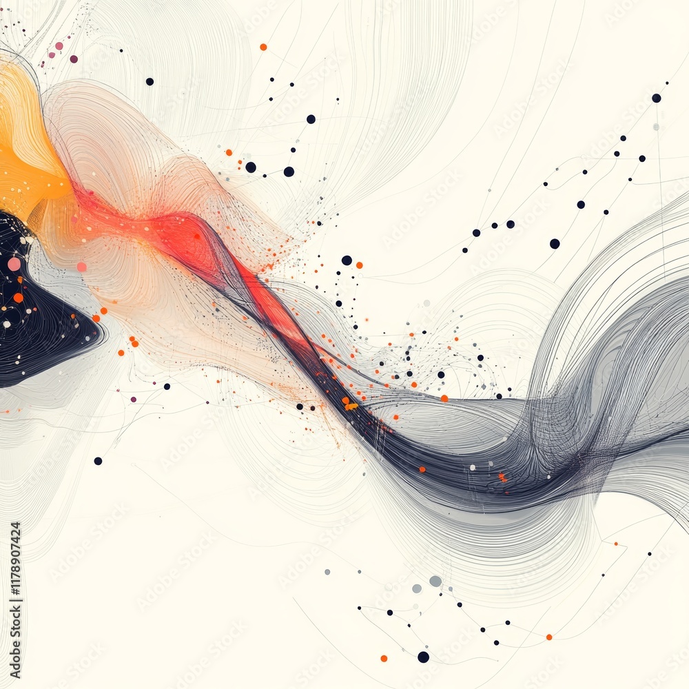 Poster explore a vibrant abstract visualization of digital data flow, showcasing dynamic lines and dots aga