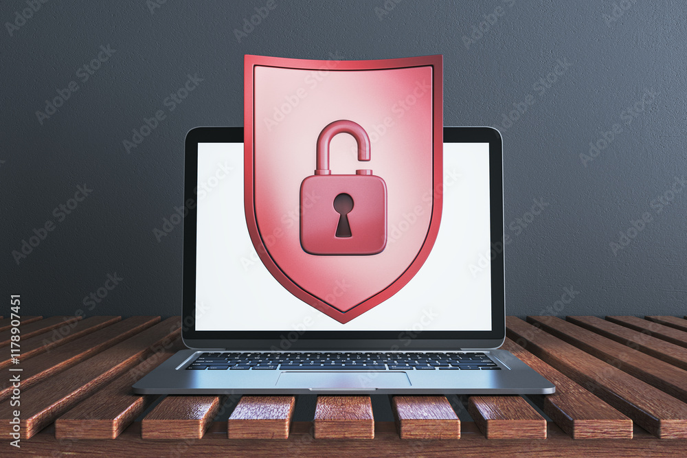Aufkleber Laptop with red shield icon featuring an open padlock, symbolizing cybersecurity and data protection. 3D Rendering