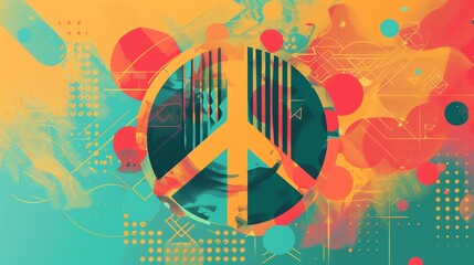 Fototapeta premium An abstract, colorful peace sign with a sunburst background.
