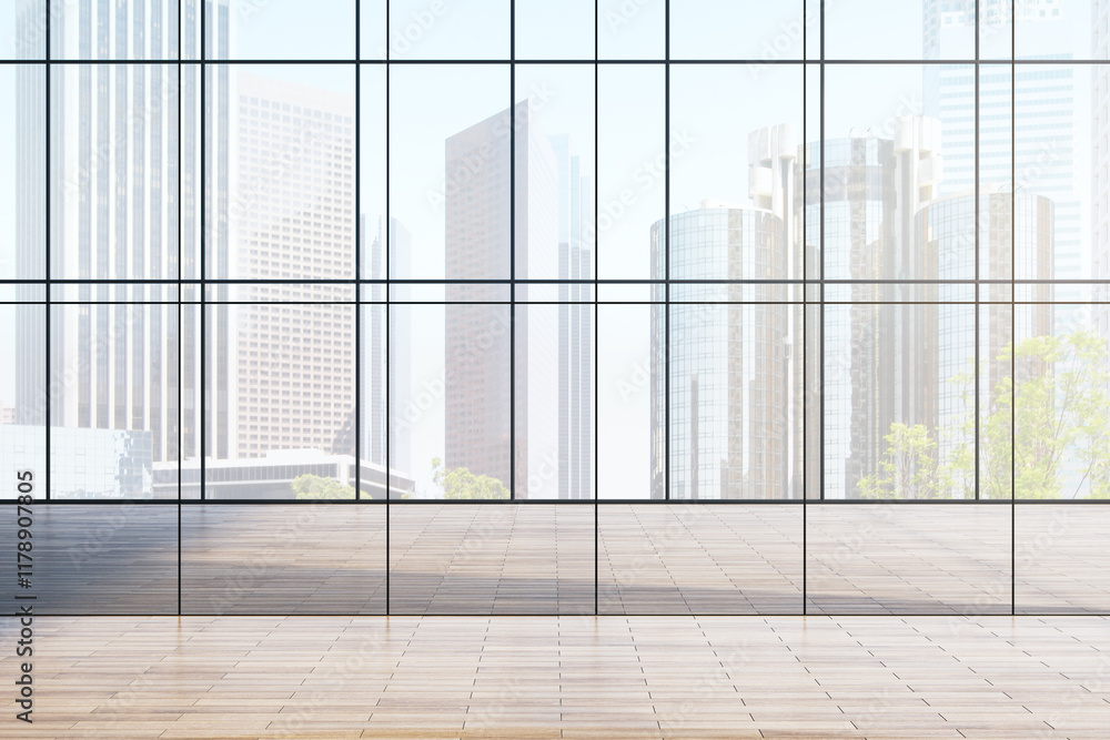 Poster Spacious modern interior with large glass windows overlooking a panoramic city view in daylight. Clean and open design concept. 3D Rendering