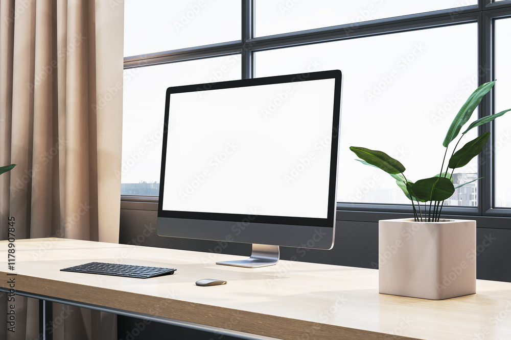 Poster modern desk setup with blank desktop screen, keyboard, mouse, and potted plant in bright office inte