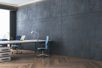 Modern executive office interior with desk, chairs, and city view through a window. 3D Rendering