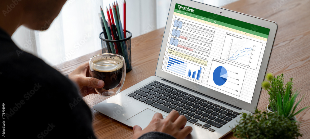 Poster spreadsheet document information financial startup concept. data and graphs in spreadsheet documents