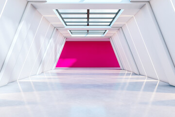 Obraz premium Modern white corridor with skylights and vibrant pink accent wall. 3D Rendering