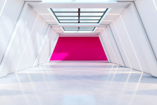 Modern white corridor with skylights and vibrant pink accent wall. 3D Rendering