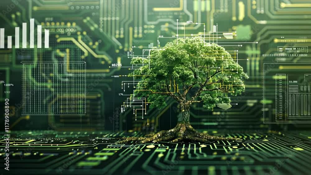 Poster digital tree fusion of nature and technology showcasing growth, innovation, and green environment th