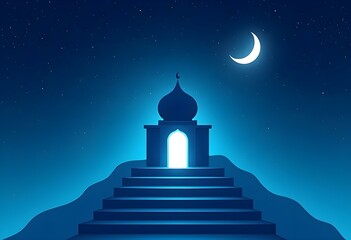 The blue stairway leads up to the mosque door on a night sky filled with stars and a moon, Ramadan Kareem background. vector illustration.