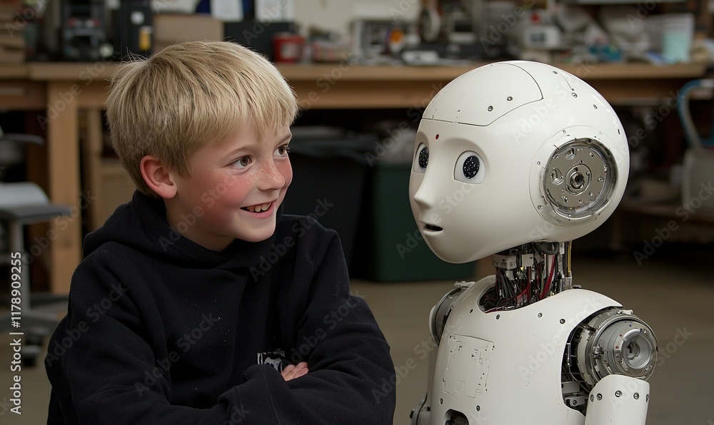 Poster boy interacts with humanoid robot in a workshop setting, exploring robotics and ai.