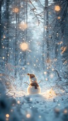 Blurred bokeh lights softly glowing behind a snowman in a snowy landscape creating a cozy and festive winter vibe, style book illustration