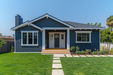 Charming Single-Story Home in Santa Monica with Gray Facade, White Trim, Green Yard, and Child's Play Area
