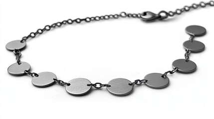 Stylish black metal disc bracelet on white background.