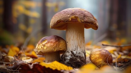 Fototapeta premium Mushroom on a hushed background, beautiful outdoor specimen. Background modest, mushroom marked.