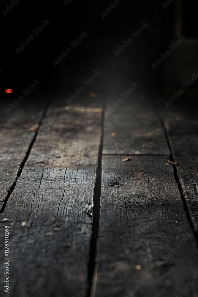 Poster A close-up view of a dark, weathered wooden floor showcasing intricate textures and subtle shadows, perfect for adding rustic charm to any design project.