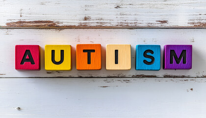 Fototapeta premium Word Autism made of colorful cubes on white wooden background, top view