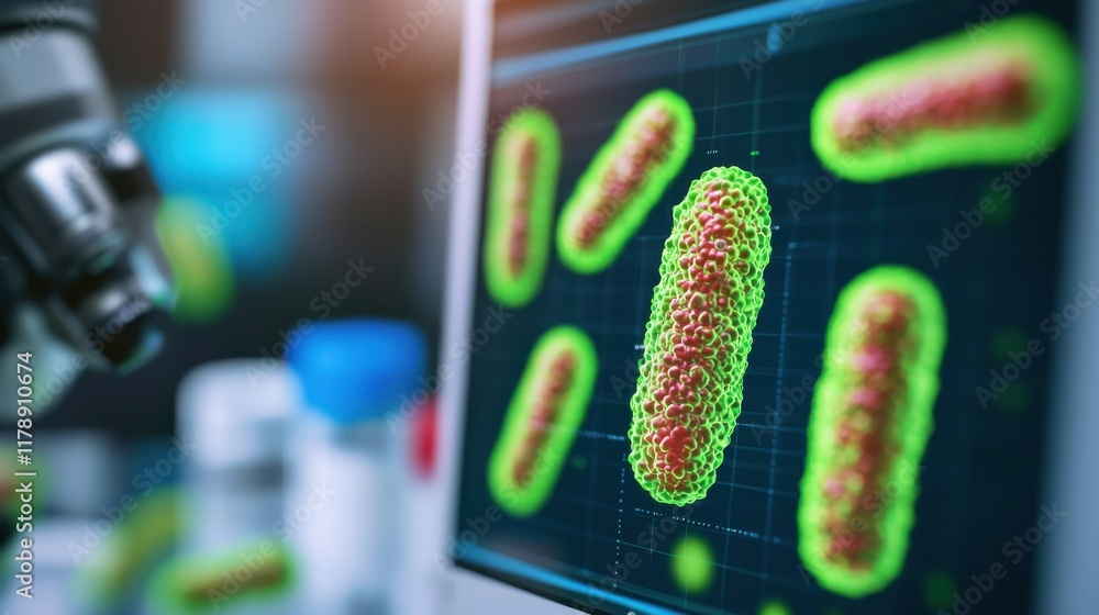 Poster a vibrant depiction of bacteria displayed on a computer screen, showcasing the intricate details of 