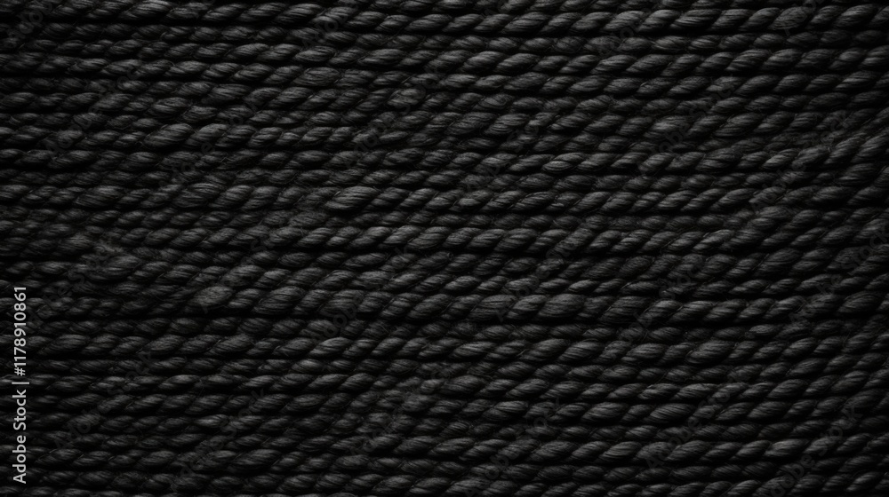 Poster close-up of black hemp rope texture for background use featuring woven fibers and dark wale pattern 
