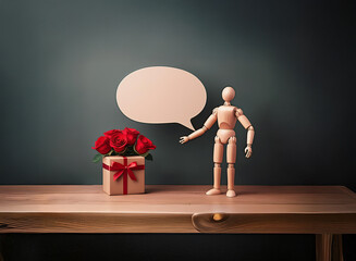 Wooden mannequin presents a gift of red roses with a blank speech bubble.  A romantic, thoughtful gesture.
