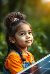 Portrait of a hopeful for the future girl kid letting see a solar panel for green energy and CO2 emission reduction, Diffused lighting, with white tones