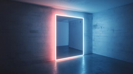 Neon Light Frame Enclosing A Mirror In A Room