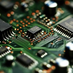 Obraz premium Close-up electronic circuit board components, tech background.