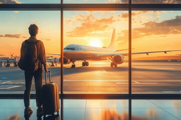 Tourists with luggage stand looking at the view of planes from the passenger terminal