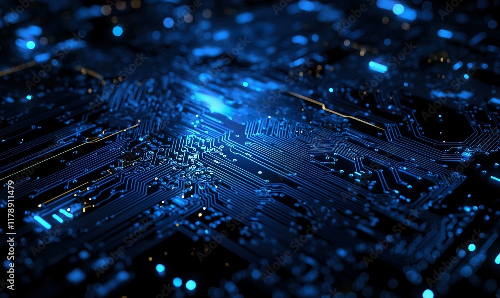 Poster close-up of circuit board with glowing lights, data flow, tech background.