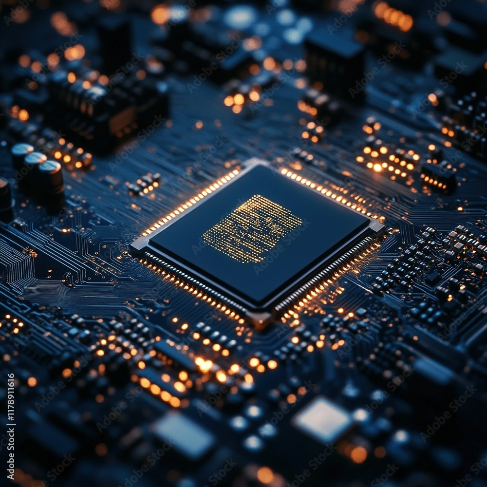 Poster close-up of cpu on circuit board with glowing lights, tech background.