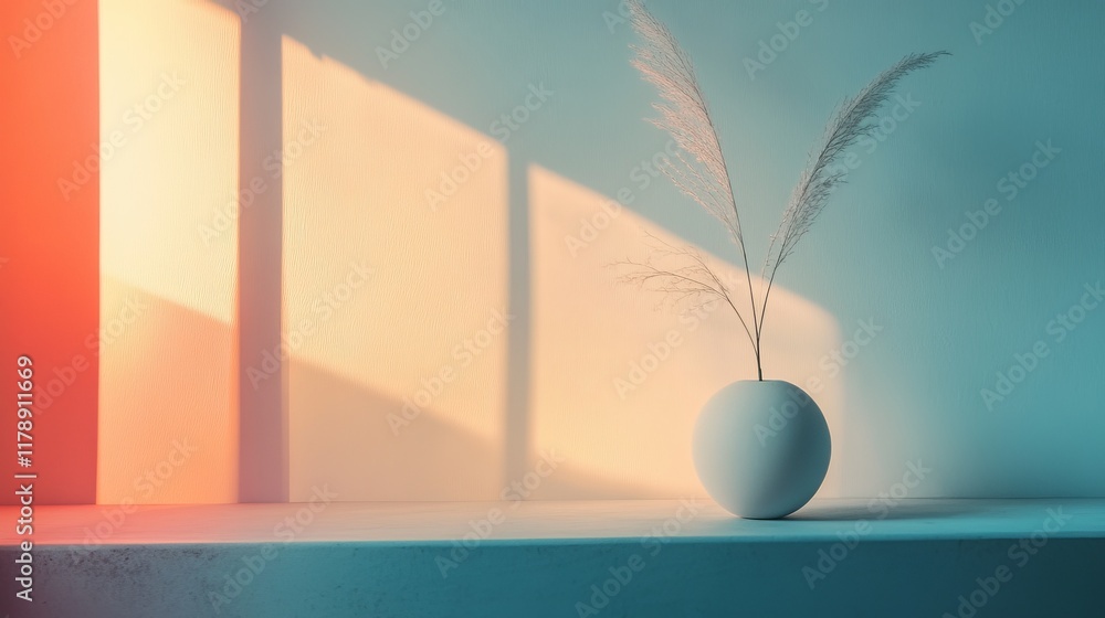 Poster a serene minimalistic arrangement featuring a white vase and delicate plant, illuminated by soft lig